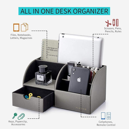 Vlando Professional Desk Organizer with Drawer, Office Supplies, 5 Compartment Desktop Storage Holder, Gray