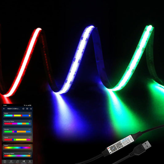 RGB Smart IC COB LED Strip Light - APP & Music Sync, 5V USB Color Chasing Lights for TV Backlight, Bedroom, Party Decor | 1M Flexible Tape Light with 142 Effects, Timer, DIY Cuttable