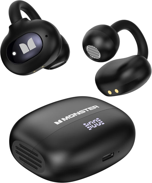 Monster Open Ear AC339 Headphones, Bluetooth 6.0 Earphones Stereo Sound, Open Ear Clip Wireless Earbuds 40 Hours Playback, with Smart Digital Display Design, Touch Control, IPX6 Waterproof