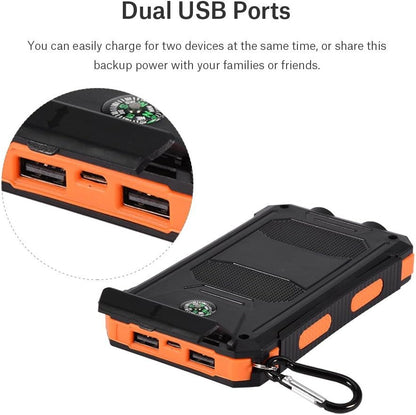Solar Power Bank, Plastic + Silicone Material Long Use Time Charger Power Bank Great Workmanship with Compass for Travel for Outdoor Fast Charge for Sport(Black+Orange)