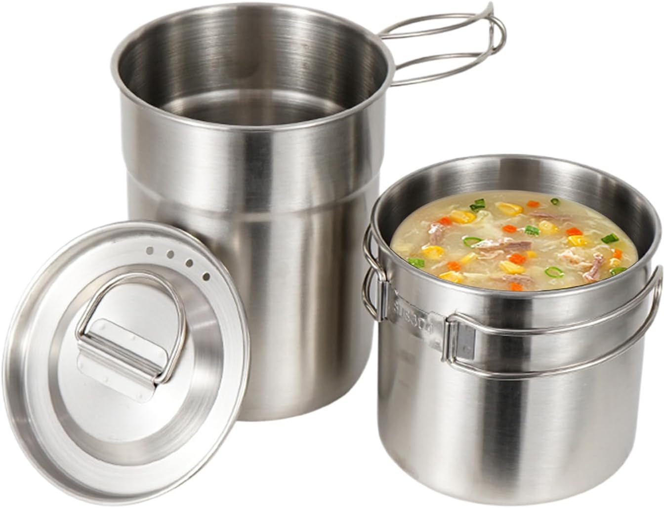 Camping Cookware, Stainless Steel Backpacking Cooking Set, Compact Folding Outdoor Cooking Gear, Heat-Resistant and Sturdy Pot Kit, Lightweight Travel-Friendly Design, 1000ml/700ml