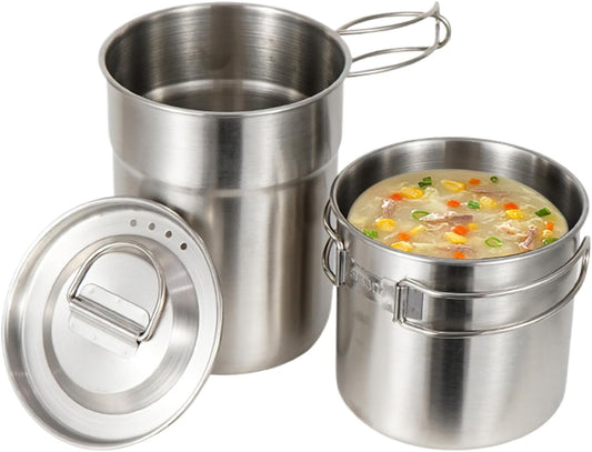 Camping Cookware, Stainless Steel Backpacking Cooking Set, Compact Folding Outdoor Cooking Gear, Heat-Resistant and Sturdy Pot Kit, Lightweight Travel-Friendly Design, 1000ml/700ml