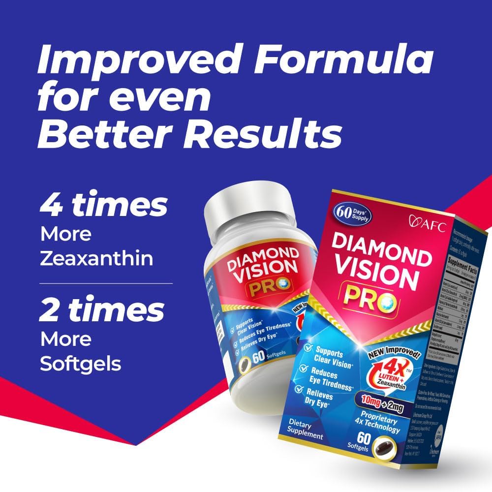 AFC Japan Diamond Vision PRO – Improved, Up-Sized Formula - Lutein & Zeaxanthin 4X with Eye Vitamins – Visual Health Supplement for Adults, Screen Exposure, Night Use, 60 Softgels