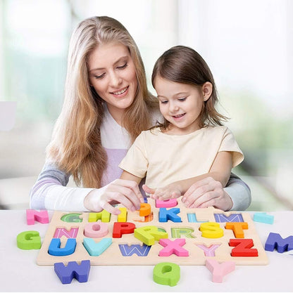 Kunmark Wooden Alphabet Puzzle ABC Jigsaws Chunky Letters Early Learning Toys for Kindergarten and Toddlers-est Educational Toy Preschool Learning, Spelling, Counting (Uppercase Letter)