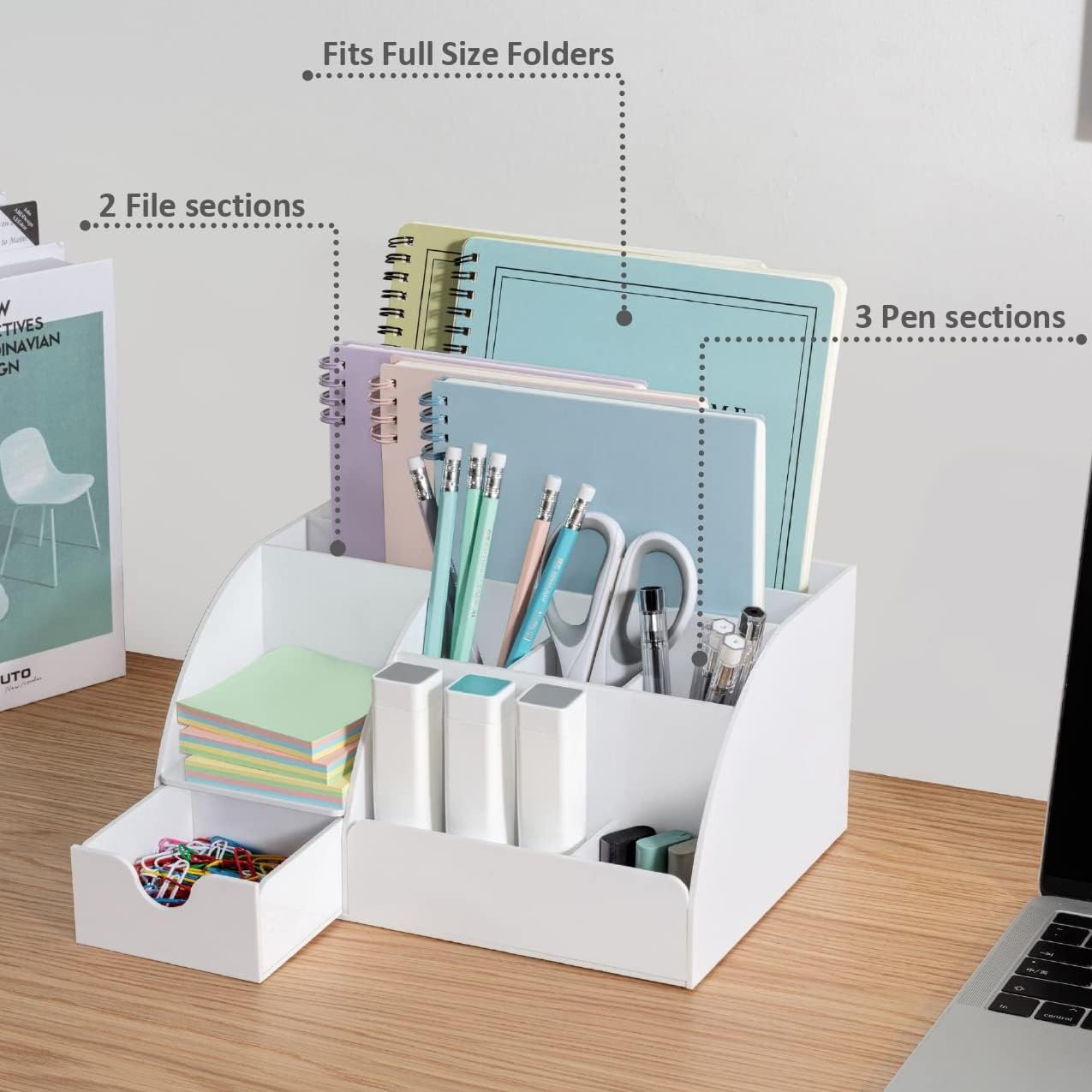 Office Desk Organizer, White Acrylic with Drawer, 9 Compartments - All in One Office Supplies and Cool Desk Accessories Pen Holder, Enhance Your Office Decor Desktop (White).