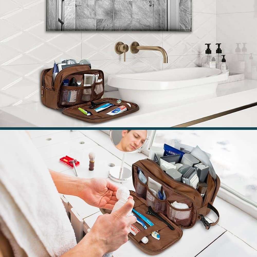 PAVILIA Toiletry Bag for Men, Travel Toiletries Bag | Water-resistant Dopp Kit, PU Leather Shaving Pouch Organizer for Accessories, Cosmetic, Hygiene, Grooming Essentials (Brown)