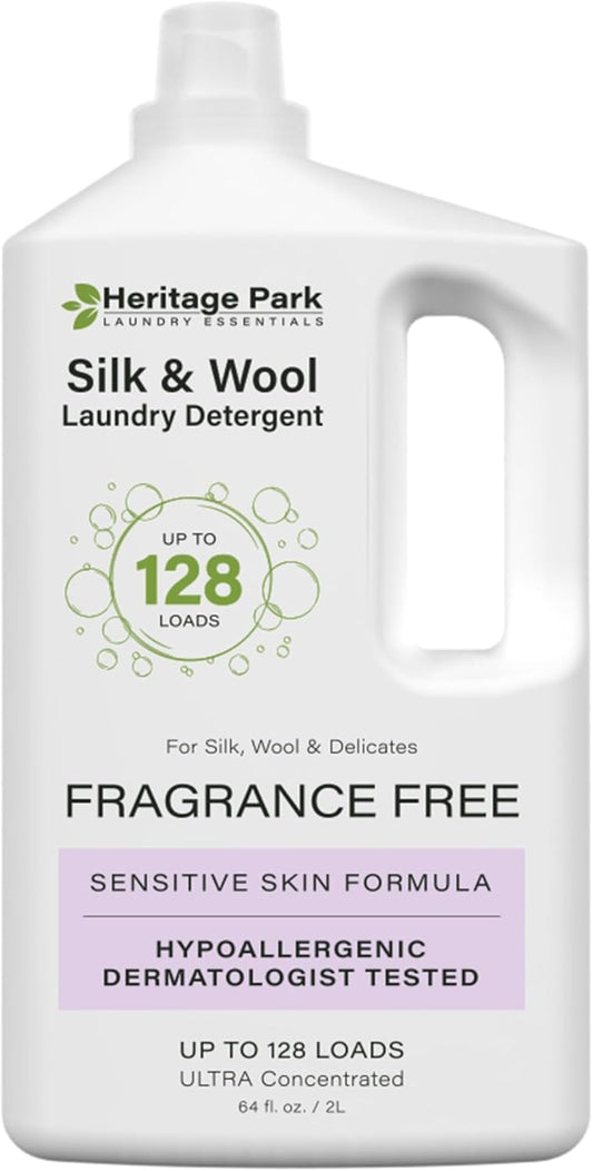 Heritage Park Silk & Wool Laundry Detergent Fragrance Free Hypoallergenic pH Neutral Dermatologically Tested Gentle on Sensitive Skin Enzyme Free Concentrate up to 128 Loads