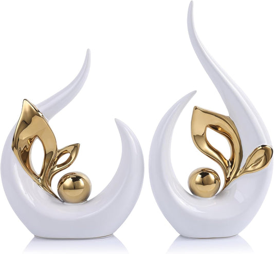 LCCCK Modern Abstract White and Gold Ceramic Sculptures- Home Decor Design Ornaments, Decorative Statues for Living Room, Elegant Modern Centerpiece for Table and TV Cabinet, Set of 2