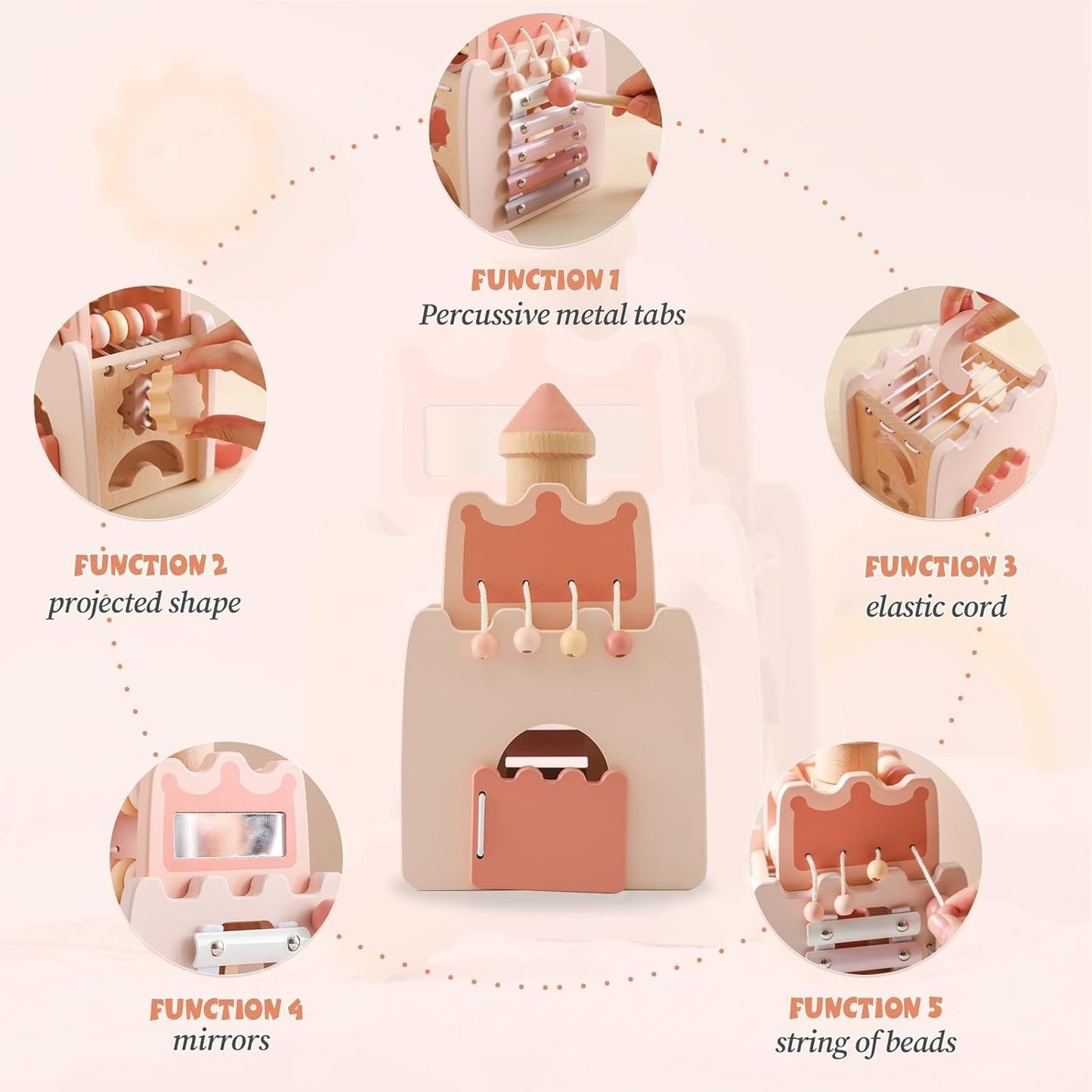 IEATFO Wooden Baby Activity Cube for Toddlers 1-3,5 in 1 Castle Shape Sorter Bead Maze Montessori Toys for Baby 6 Months+, Educational Learning Toy for Kids 1 Year Up