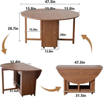 COMUHOME 47.3" Round Folding Dining Table for 4-8, Wood Kitchen Foldable Table Large Drop Leaf Dinner Table with Storage Shelf Metal Legs for Home Dining Room Living Room in Walnut