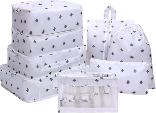DAWNTREES Packing Cubes for Travel, 8PCS Luggage Suitcase Organizer, with Shoe Bag, Cosmetics Bag,Travel Accessories, Clothing, Shoes & Accessories (white cactus)