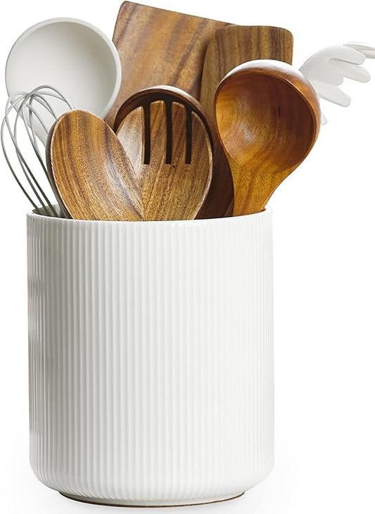 Getstar Large Kitchen Utensil Holder for Kitchen Counter (H7.2” x W6.2”), Ceramic Cooking Utensil Holder with Cork Mat, Kitchen Decor (White, Utensils Not Included)