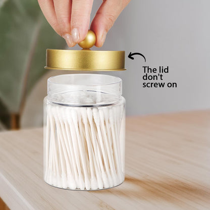 Amolliar Qtip Holder Dispenser - 8 oz Plastic Apothecary Jar Containers for Vanity Makeup Countertop Organizer Storage -Bathroom Canister Accessories Set for Cotton Swab, Ball, Pads, Floss-Gold (4)