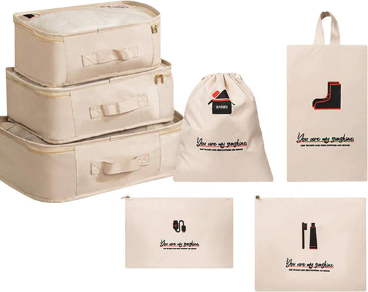 Travel Luggage Organizer Set - 7pcs Packing Cubes, Garment Bags, Shoe Bag, Laundry Bag, Electronics Pouch, Variety Of Sizes(Beige)