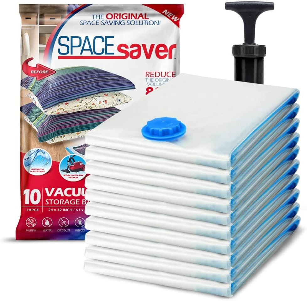 Spacesaver Vacuum Storage Bags Large 10-Pack - Vacuum Seal Bags for Clothing, Comforters, Blankets, and Bedding - 32 x 24 Inch Space Saver Bag for Travel and Home Organization with Hand Pump Included