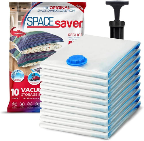 Spacesaver Vacuum Storage Bags Large 10-Pack - Vacuum Seal Bags for Clothing, Comforters, Blankets, and Bedding - 32 x 24 Inch Space Saver Bag for Travel and Home Organization with Hand Pump Included