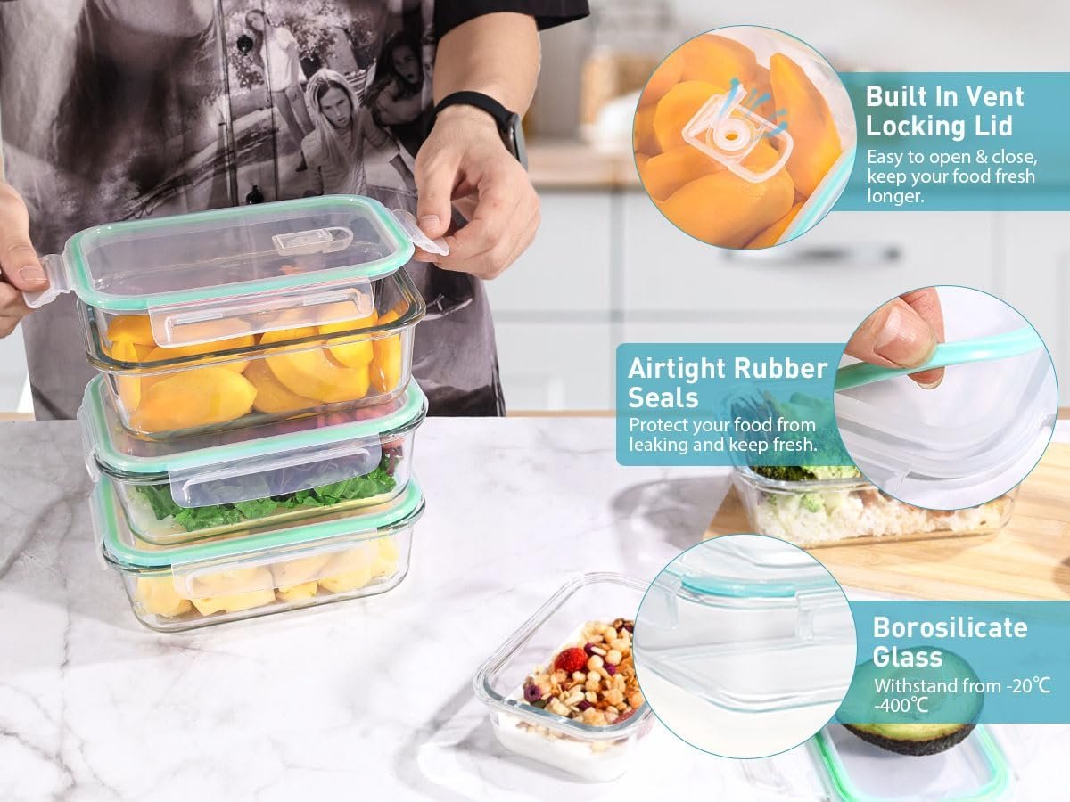 Feshory 5 Pack 1040ml(35oz) Airtight Glass Food Storage Containers with Plastic Lids - Glass Meal Prep Food Containers, Lunch Box for Kitchen Storage & Organisation