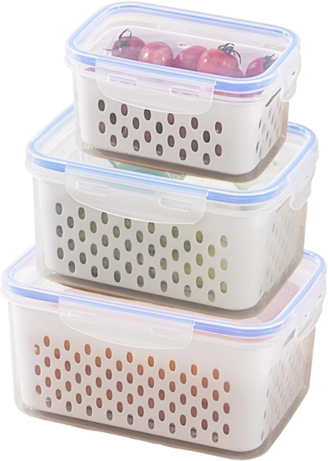 Homiliky 3Pcs Fruit Storage Containers for Fridge with Removable Colanders,Leakproof Food Storage Containers Food Storage Containers with Lid for Salad Berry Lettuce Vegetables Meat Keeper