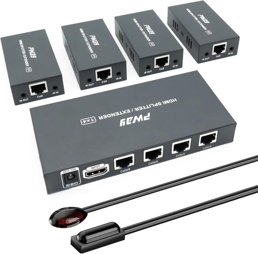 PW-HT226P4 HDMI Splitter Extender 1X4 Port Over Cat5e/Cat6 Ethernet Cable with IR Remote Control No delay Up to 60m(196ft) and Resolution Up to 1080P@60Hz(1 in 4 Out)