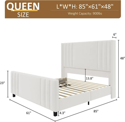 Jocisland Queen Size Platform Bed Frame, Upholstered Bed with Vertical Channel Tufted Wingback Headboard & Footboard, Premium Velvet, No Box Spring Needed, Cream