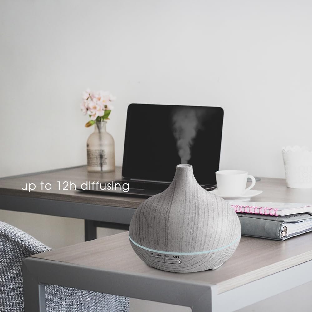 550ml Essential Oil Diffuser, Aromatherapy Ultrasonic Diffusers Fragrant Humidifier Vaporizer with Remote Control, Night Lights, Timer Auto Off, White Wood Grain