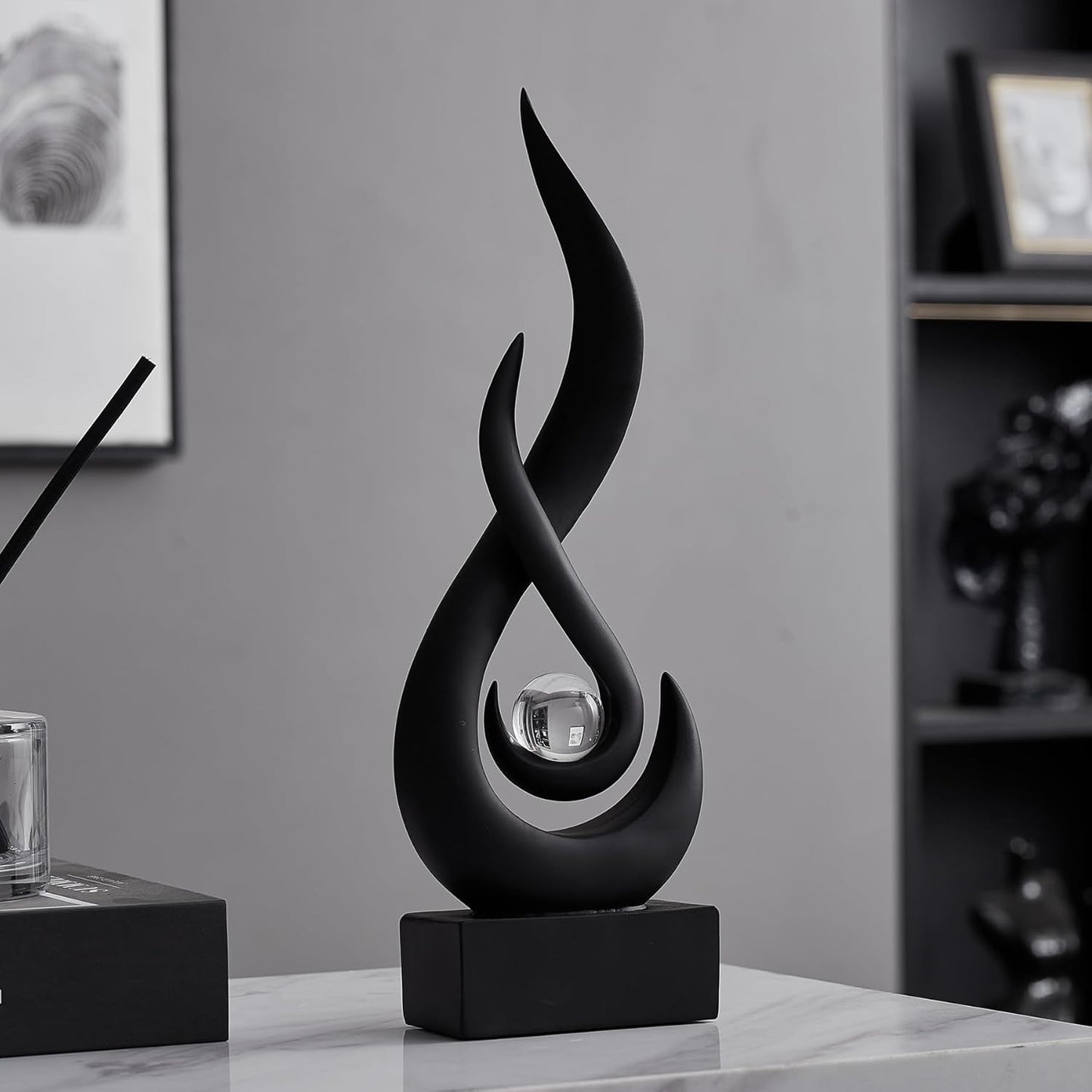 AWNR Abstract Black Sculpture: Flame Statue with Glass Ball Resin Art Figurines - Unique Centerpiece for Modern Home Decor