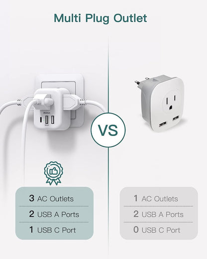 European Travel Plug Adapter, International Power Plug Adapter with 3 Outlets 3 USB Charging Ports(1 USB C), Travel Essentials to Italy,Greece,Israel,France, Spain (Type C)