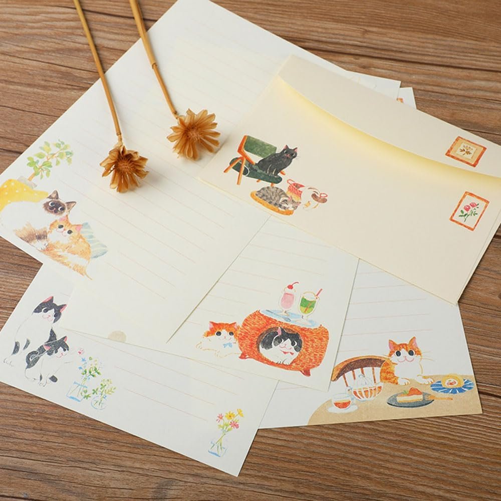 72 Pieces Cute Cat Theme Writing Paper and Envelopes Stationery Set for Women Girls with 48 Lined Stationery Letter and 24 Envelops