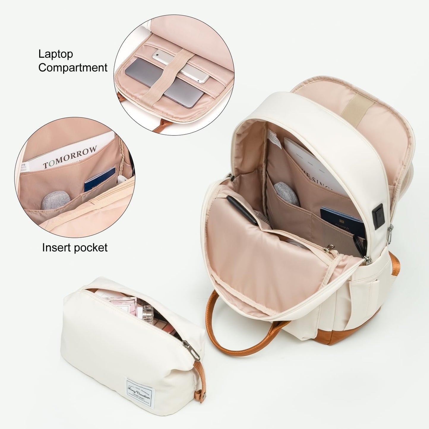 LONG VACATION Luggage Set 4 Piece Luggage ABS Hardshell TSA Lock Spinner Wheels Carry on Suitcase(White-Brown, 6 Piece Set（BP）)