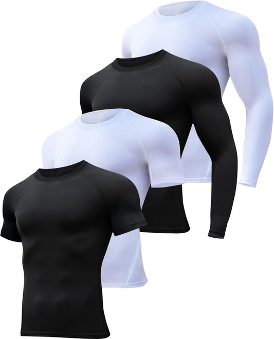 4/5 Pack Compression Shirts Men Long/Short Sleeve Athletic Cold Weather Baselayer Undershirt Gear Tshirt for Sports Workout, 2 Black 2 White, M