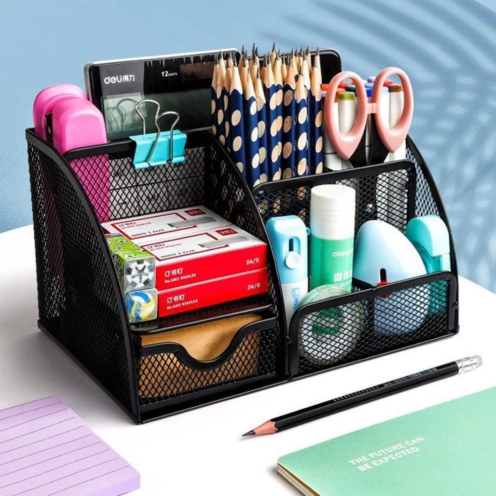 Gonice Black Mesh Desk Organizer, Multi-functional Pen Holder With 6 Compartments and 1 Drawer for Office Supplies and Desk Accessories, Desktop Organizer for Home,Office and School