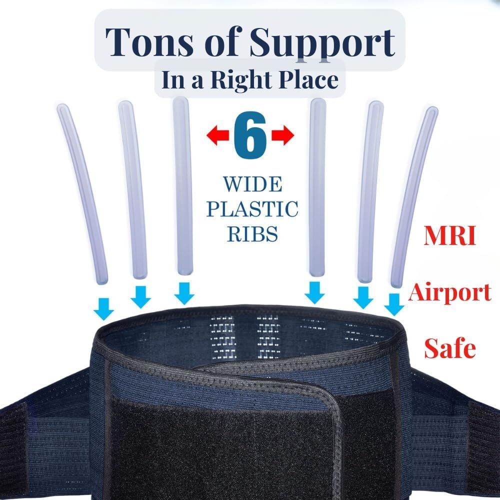 AVESTON Back Support Lower Back Brace for Back Pain Relief: Thin Breathable Rigid 6 ribs Adjustable Lumbar Support Belt for Men/Women Keeps Spine Straight and Safe – Belly size 46-52" XLarge