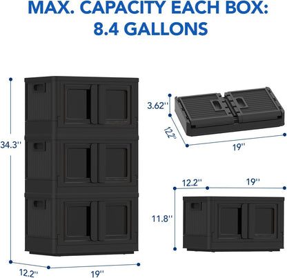 FLEXIMOUNTS Stackable Storage Bins With Lids, 8.4 Gal Closet Organizers and Storage with Doors, 3 pack Plastic Collapsible Storage Bins, Black Storage Containers For Home Essentials
