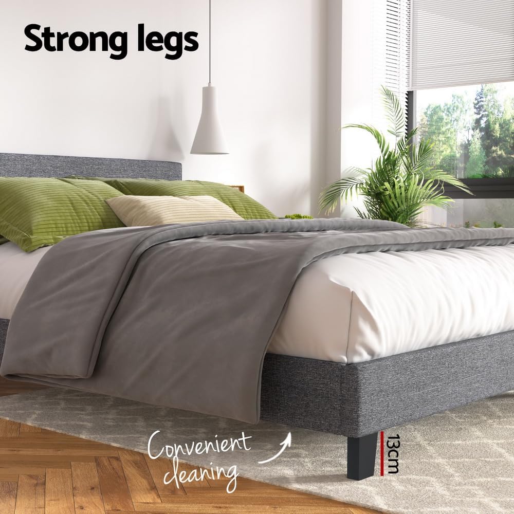 Artiss Queen Bed Frame Platform Wooden Headboard Beds Base Frames Bedroom Room Decor Home Furniture, Upholstered with Grey Faux Linen Fabric + Foam + Wood, Modern Design