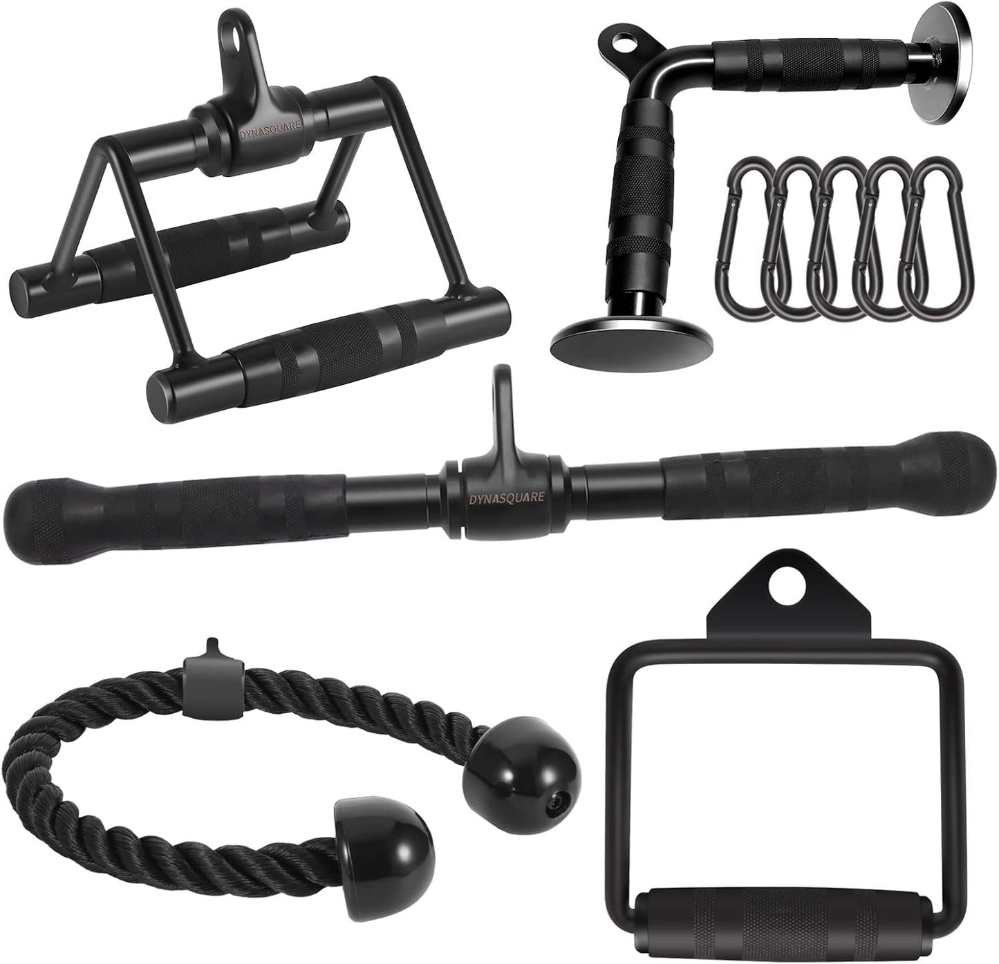 DYNASQUARE Cable Attachments for Home Gym, LAT Pulldown Attachment, Weight Machine Accessories, Straight Pull Down Equipment, V-Shaped Press Down Bar, Tricep Rope, Exercise & Double D Handle