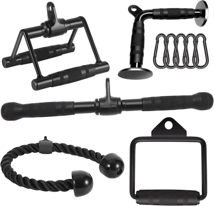 DYNASQUARE Cable Attachments for Home Gym, LAT Pulldown Attachment, Weight Machine Accessories, Straight Pull Down Equipment, V-Shaped Press Down Bar, Tricep Rope, Exercise & Double D Handle