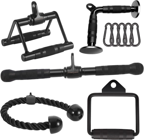 DYNASQUARE Cable Attachments for Home Gym, LAT Pulldown Attachment, Weight Machine Accessories, Straight Pull Down Equipment, V-Shaped Press Down Bar, Tricep Rope, Exercise & Double D Handle