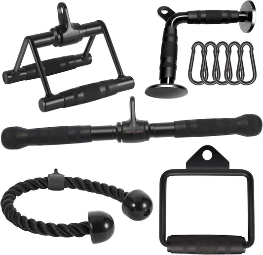 DYNASQUARE Cable Attachments for Home Gym, LAT Pulldown Attachment, Weight Machine Accessories, Straight Pull Down Equipment, V-Shaped Press Down Bar, Tricep Rope, Exercise & Double D Handle