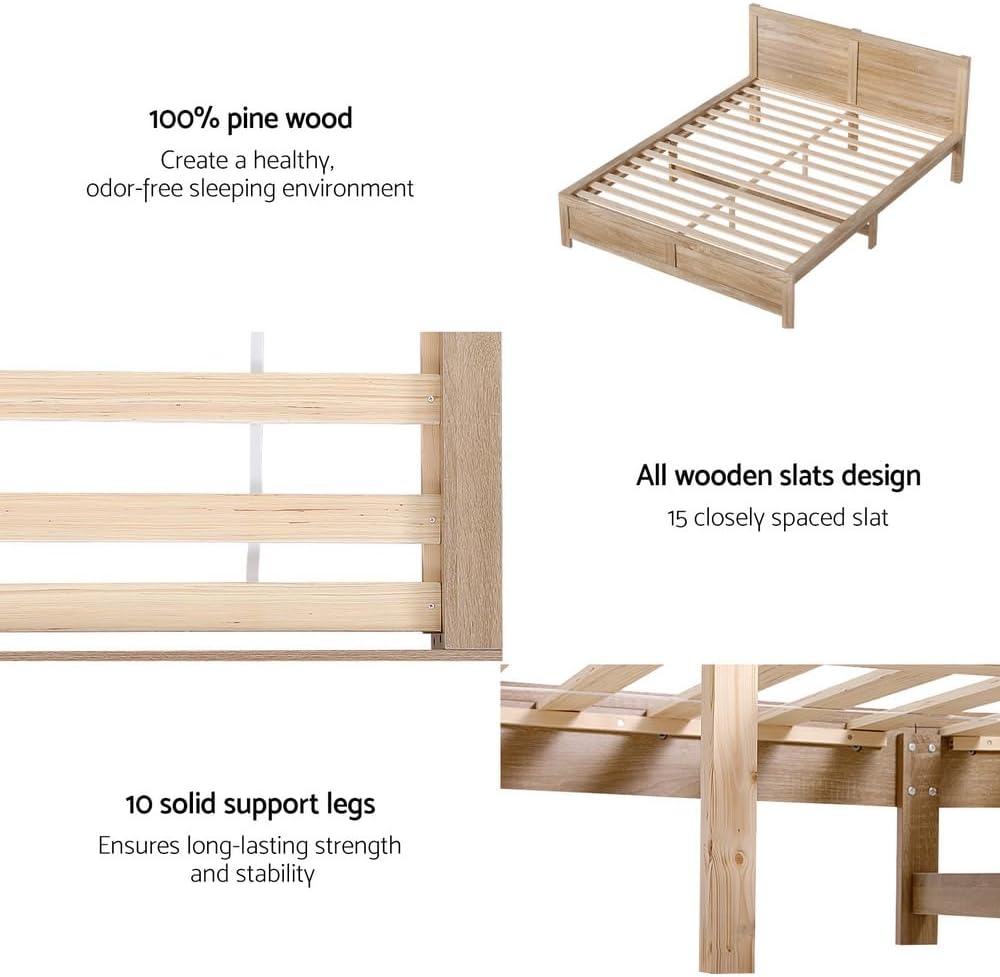 Artiss Queen Bed Frame with Headboard, Wooden Bed Base with 21CM Under Storage, 300KG Capacity Solid Platform Bedframe, Queen Size No Box Spring Needed for Guest Bedroom Furniture, Easy Assembly