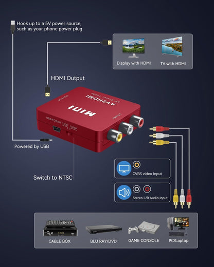 ABLEWE RCA to HDMI,AV to HDMI Converter, 1080P Mini RCA Composite CVBS Video Audio Converter Adapter Supporting PAL/NTSC for TV/PC/ PS3/ STB/Xbox VHS/VCR/Blue-Ray DVD Players, Red