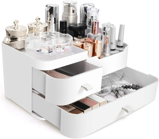 Makeup Organizer Makeup Holder Bathroom Containers for Skincare Makeup with Drawers - Large Plastic Cosmetic Organizers for Creams Brushes Women Accessories, White