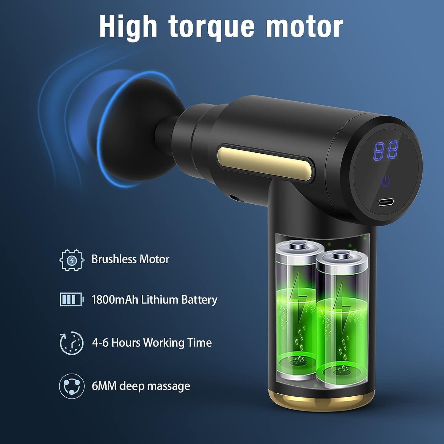 GerOr Massage Gun, Deep Tissue Massager Electric Handheld Massagers with 4 Massage Heads and 6 Adjustable Speeds Hand Massager with LCD Display Touchscreen Rechargeable for Muscle Pain Relief Recovery