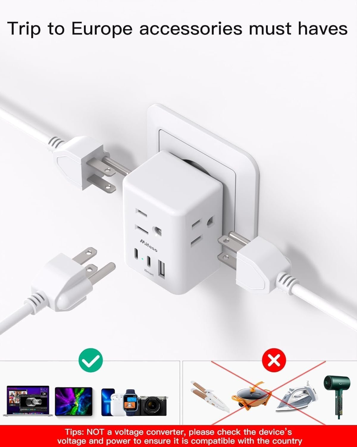 2 Pack European Travel Plug Adapter, International Travel Adapter with 3 Outlets 3 USB Charging Ports(2 USB C), Power Plug Adapter Travel Essentials to Italy France Germany Spain Greece (Type C)