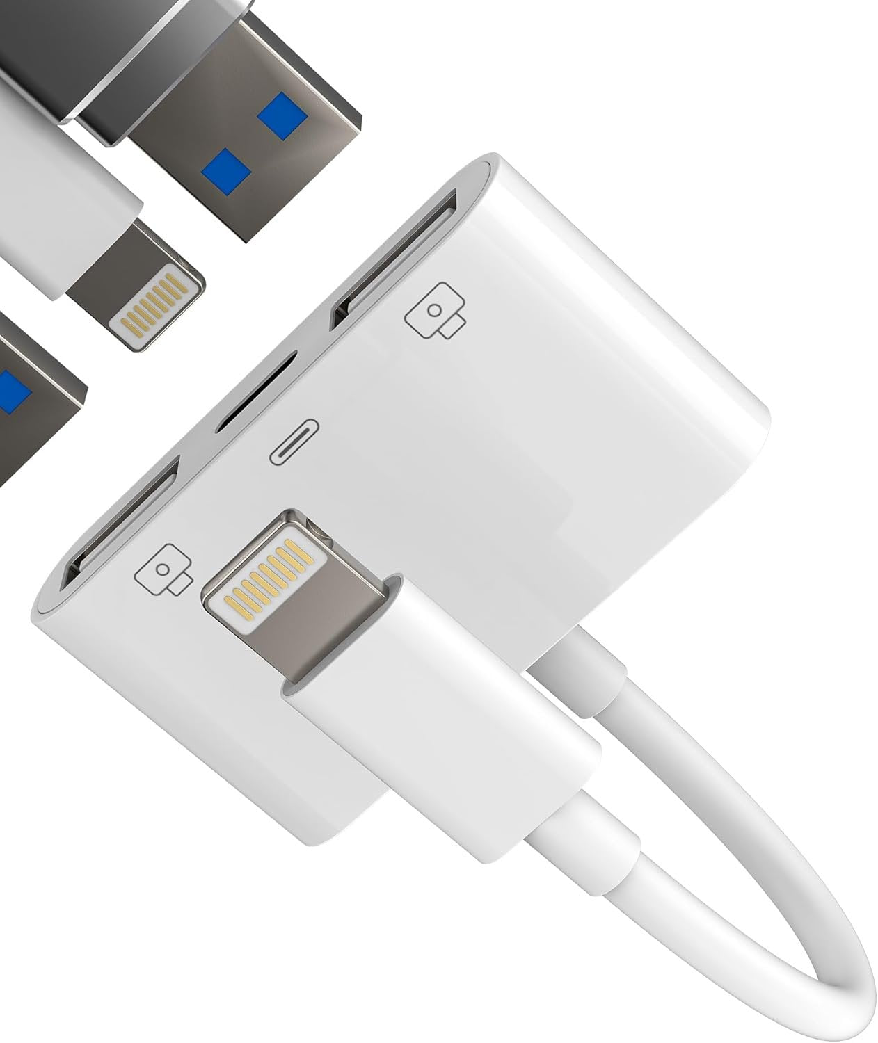 Lightning to USB Adapter(3 in 1)for Apple Charging Cable for iPhone 14 13 OTG 3.0 Dual USB-A Port Card Reader Flash Drive Keyboard Mouse Connector Camera Memory Stick Transfer Dongle External Adaptor