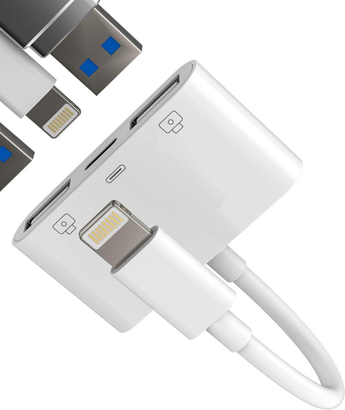 Lightning to USB Adapter(3 in 1)for Apple Charging Cable for iPhone 14 13 OTG 3.0 Dual USB-A Port Card Reader Flash Drive Keyboard Mouse Connector Camera Memory Stick Transfer Dongle External Adaptor