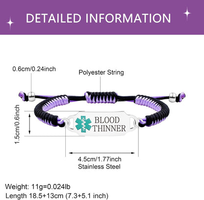 Tobestu Customizable Medical Bracelet - Engraved Health Alert Wristband - Personalized Adjustable Handcrafted Braided Rope Band for Blood Thinner, Epilepsy, Type I & II Diabetes YA5657