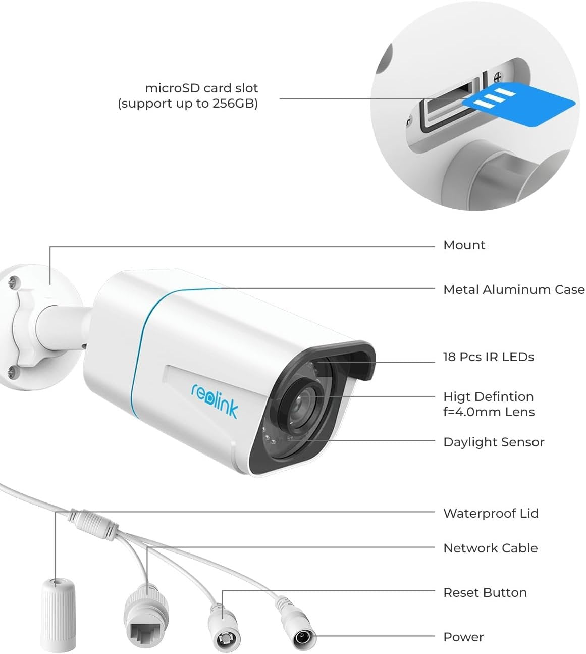 Reolink 4K Outdoor Security Camera, Smart Human/Vehicle Detection Work with Google Assistant PoE IP Cam, 256GB microSD Storage for 24/7 Recording(not Included), RLC-810A