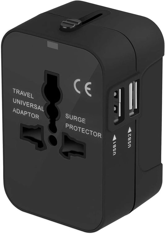 Travel Adapter, Amoner Universal Travel Adapter with 2 Ports USB Charger Suitable for More Than 180 Countries (Black)