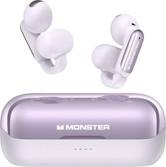 Monster Open AC601 Bluetooth Earbuds - Comfortable Clip-On Wireless Earbuds with Bluetooth 5.4, 32H Playtime Earbuds with ENC Clear Talk, IPX5 Waterproof & Touch Control Headphones (Purple)