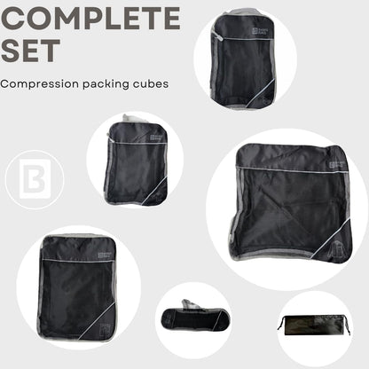 Travel packing cube set of 6 compression packing cubes, large lightweight nylon material upgrade your travel packing with BAWGBAGS Space-Saving, durable, and organized cubes. (Black)